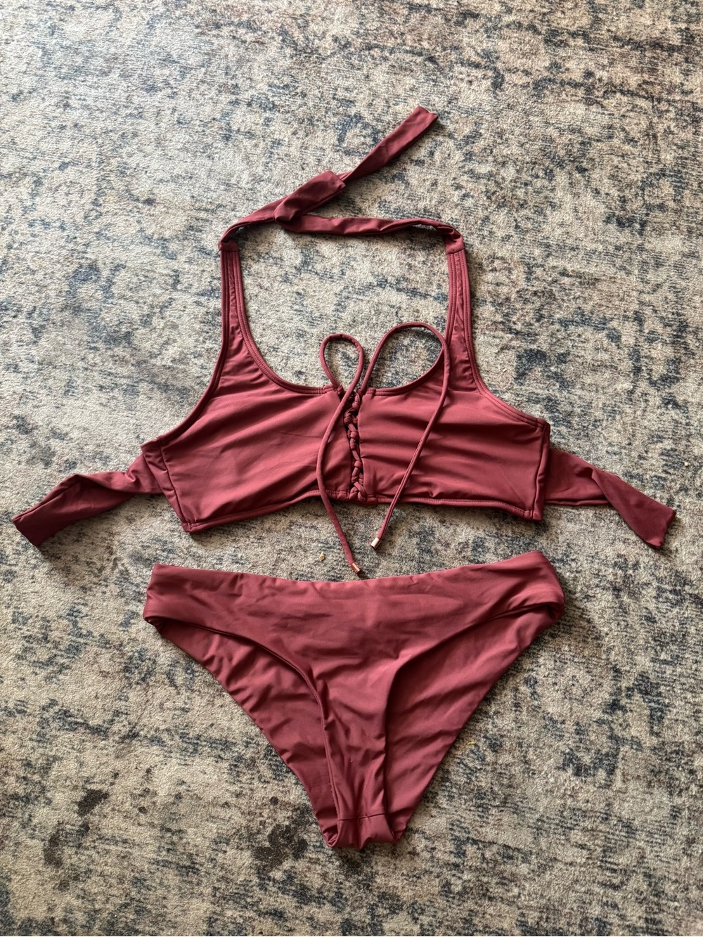 Women's Burgundy Lace-Up Halter Bikini Set